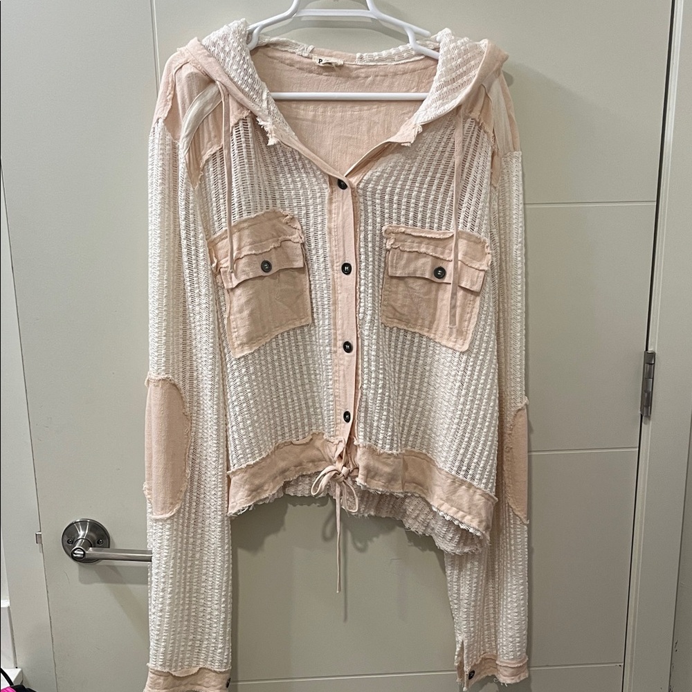 POL: Lightweight Waffle Knit Hooded Button Cardigan in Cream & Blush